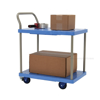 Plastic platform truck with double shelves, Single Handle, and foot brake. Deck size: 18"x23-7/8". Capacity: 330. Weight: 32 lb.