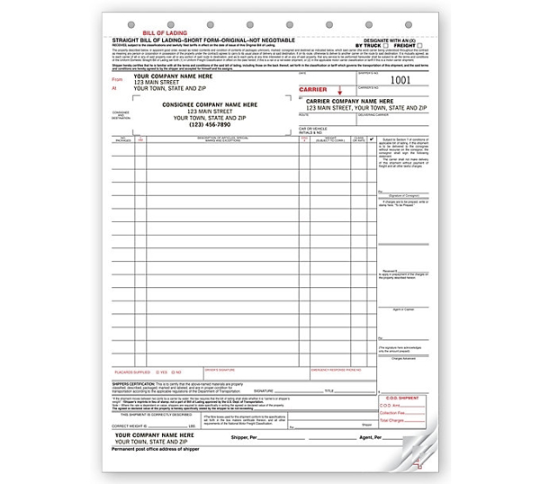 Straight Bill of Lading -  8 1/2 x 11",  - 3 or 4 Part - Large Carbonless - DF6225 a