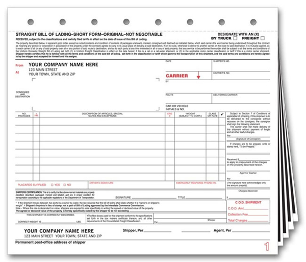 Bills of Lading, with Carbon, Small Format, Available in 3, 4 or 5 Part Forms R1200