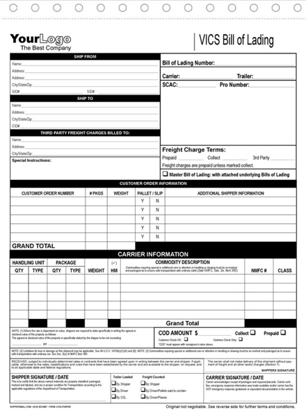 VICS Bills of Lading - Long Form, Custom Imprinted - Snap Set - 3 Ply 