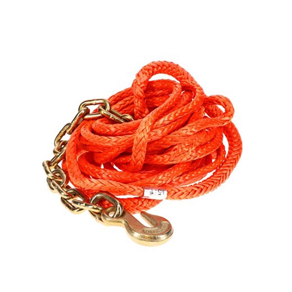 Rope tie down is super strong with a 3600 lb. WLL. 33 ft. with chain end  and grab hook.